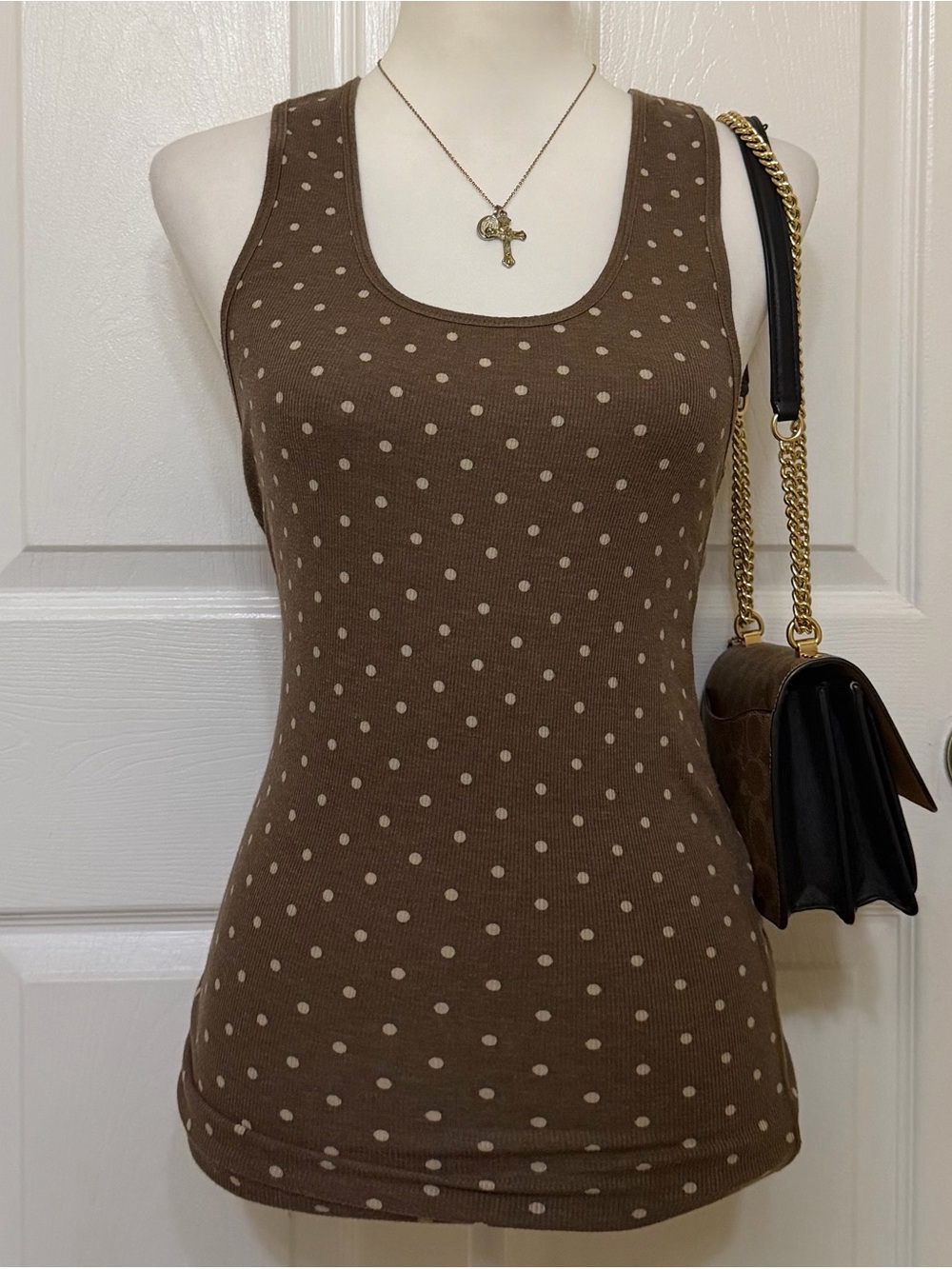 2000s vintage style whimsical brown with white polka dots fitted tank top
